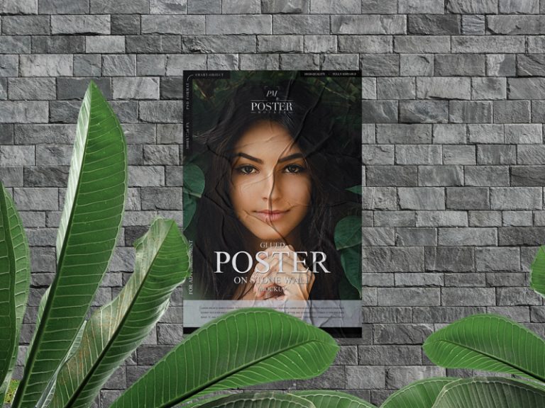 Download Glued Poster on Stone Wall Mockup With Leaves - Poster Mockup